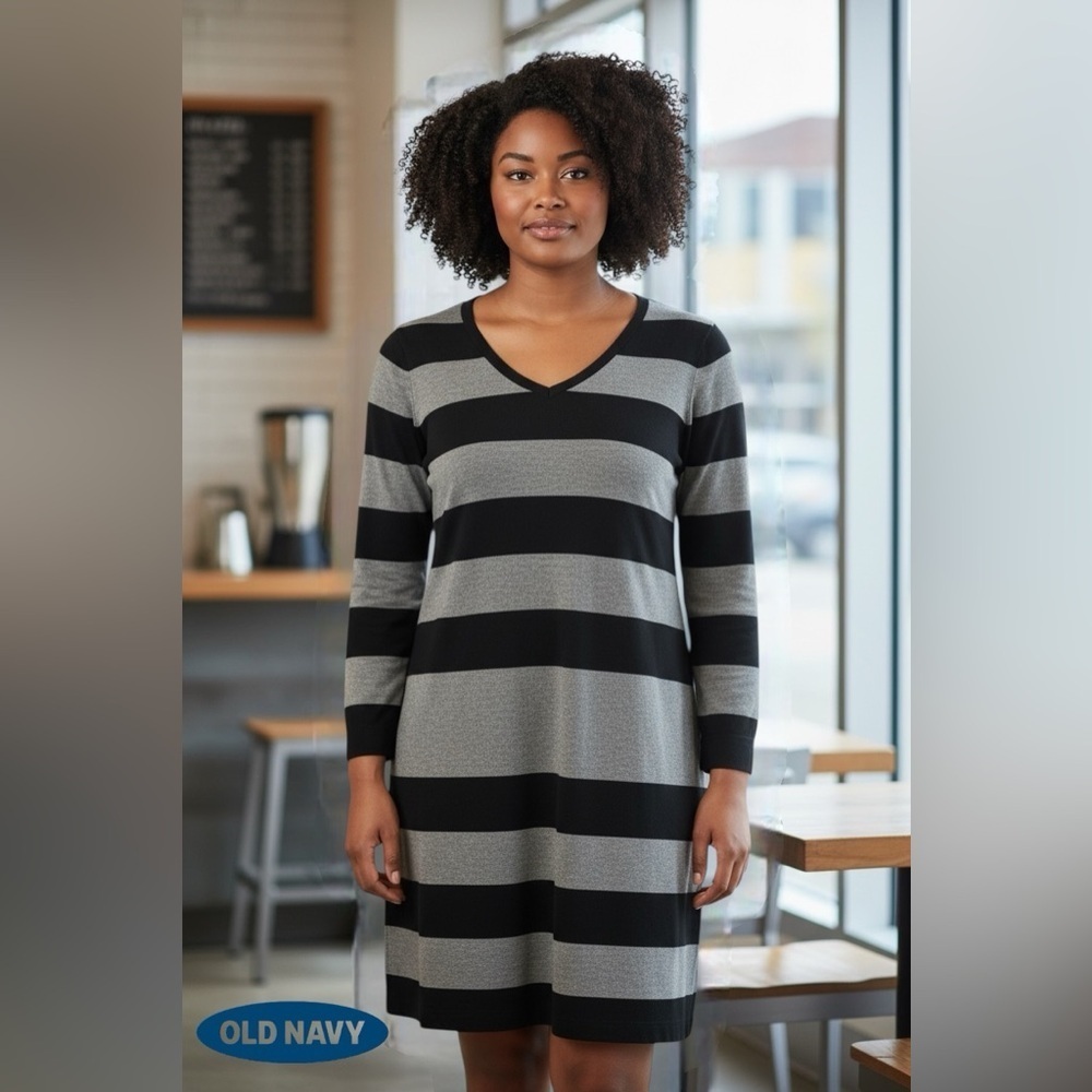 Old Navy, Black & Gray Striped Sweater Dress – Size Large